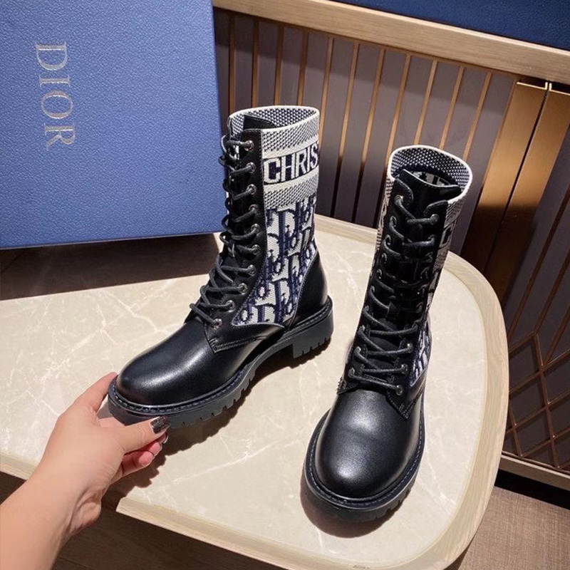 Christian Dior D-Major Ankle Boots Women Calfskin and Oblique Fabric Black/Blue