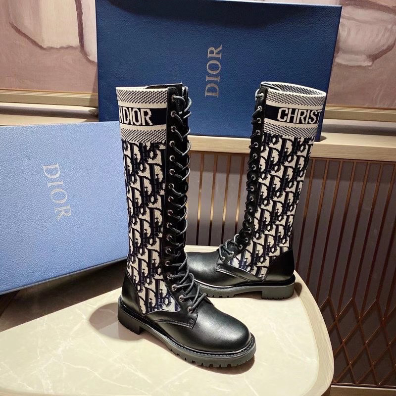 Christian Dior D-Major Boots Women Calfskin and Oblique Fabric Black/Blue