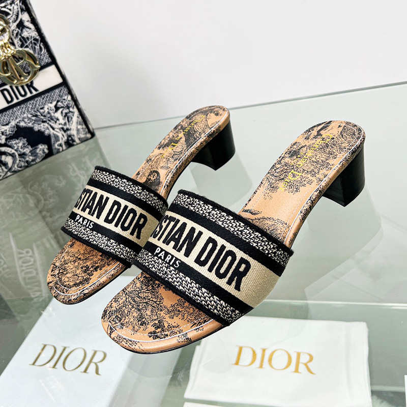 Christian Dior Dway Heeled Slides Women Toile De Jouy Motif Canvas Beige