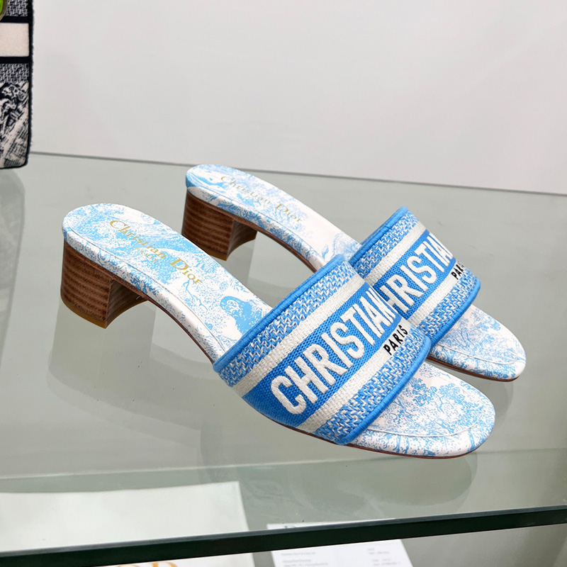 Christian Dior Dway Heeled Slides Women Toile De Jouy Motif Canvas Sky Blue