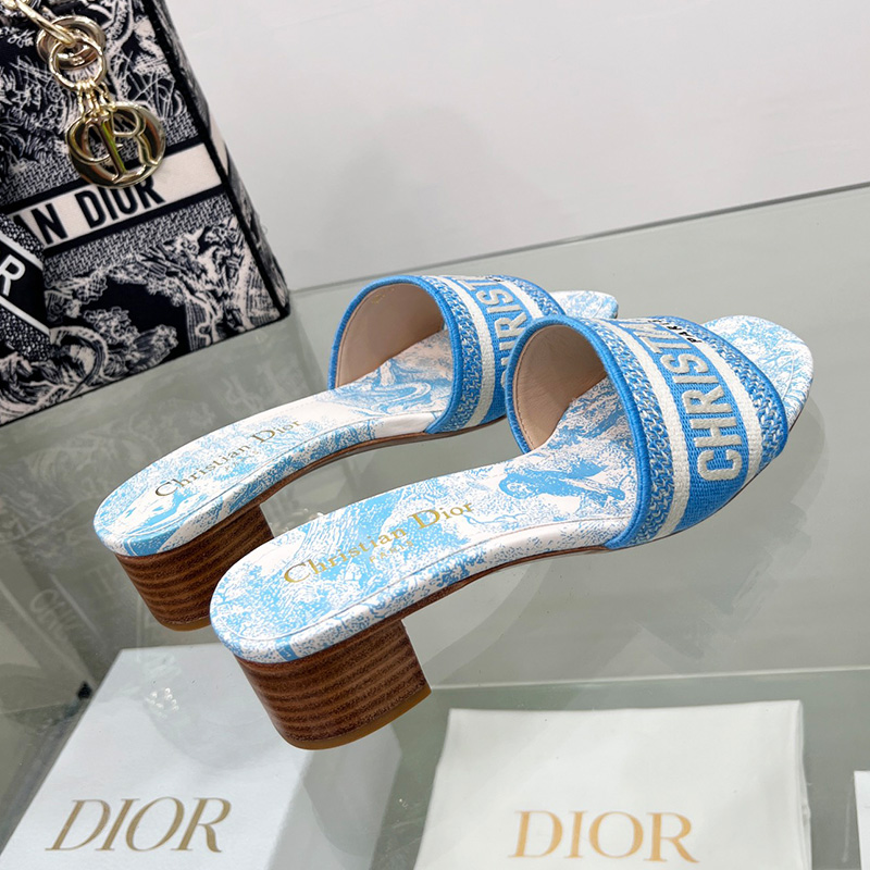 Christian Dior Dway Heeled Slides Women Toile De Jouy Motif Canvas Sky Blue