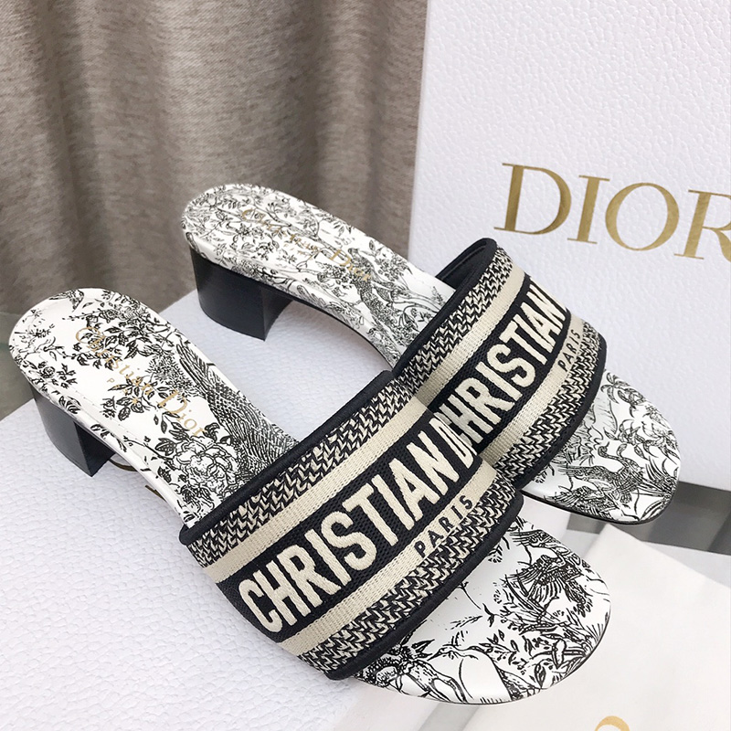 Christian Dior Dway Heeled Slides Women Jardin d'Hiver Motif Canvas Black