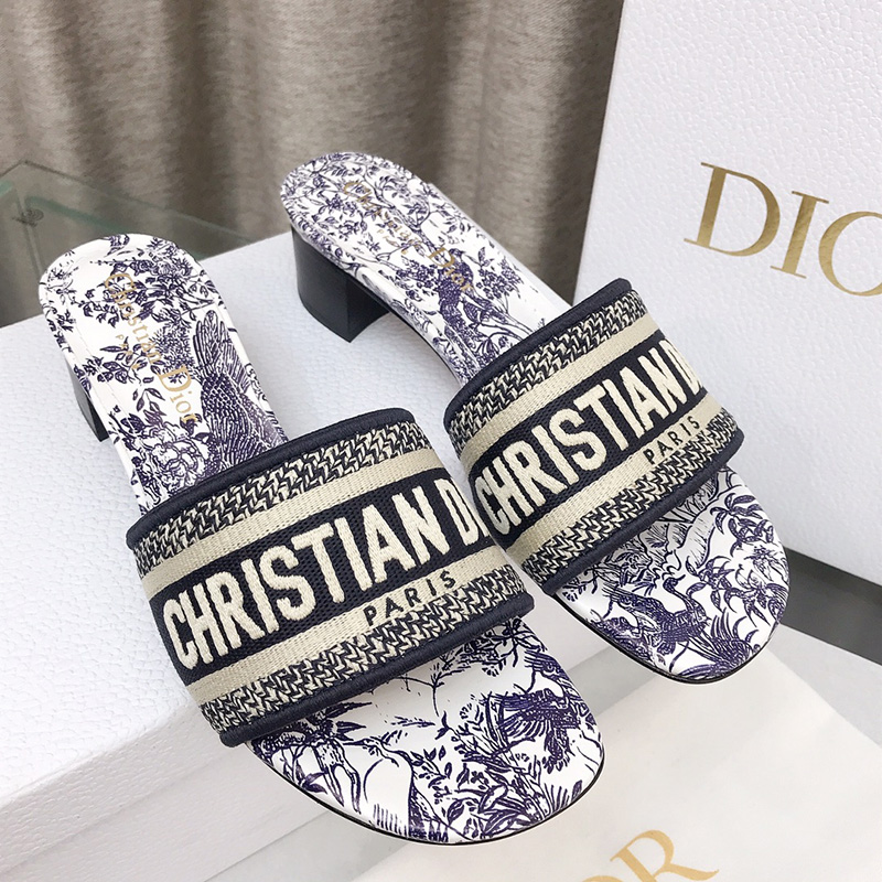 Christian Dior Dway Heeled Slides Women Jardin d'Hiver Motif Canvas Blue
