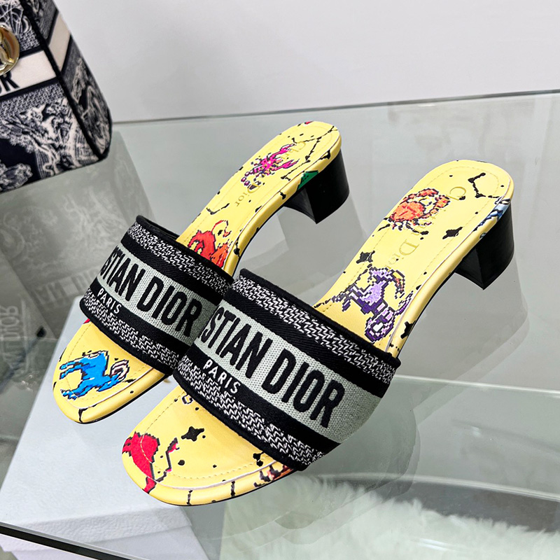 Christian Dior Dway Heeled Slides Women Pixel Zodiac Motif Canvas Yellow