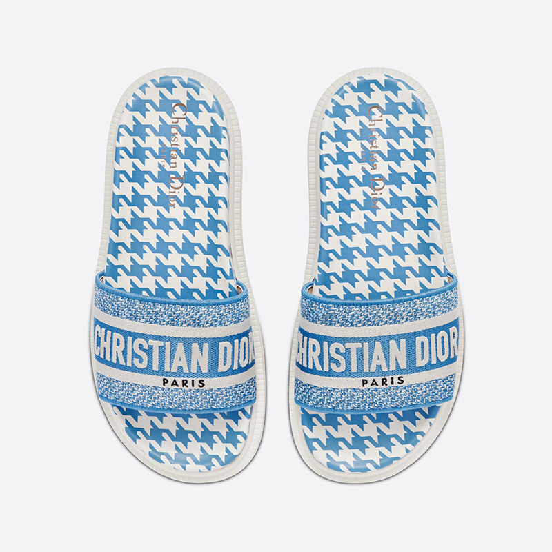 Christian Dior Dway Slides Women Houndstooth Motif Cotton Blue