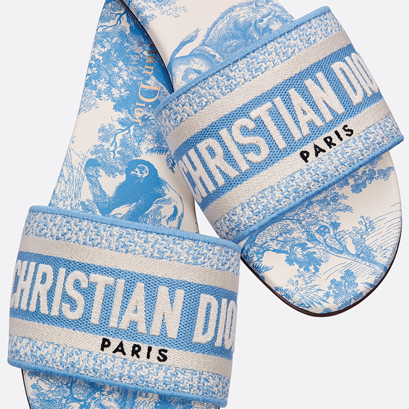 Christian Dior Dway Slides Women Toile De Jouy Motif Canvas Sky Blue