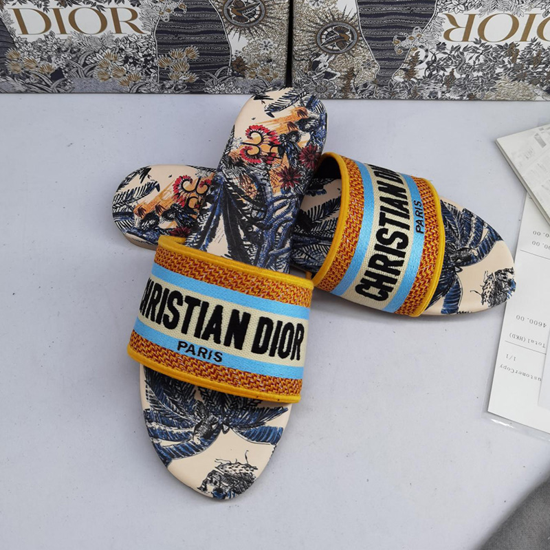 Christian Dior Dway Slides Women Toile De Jouy Motif Canvas Tropicalia Blue