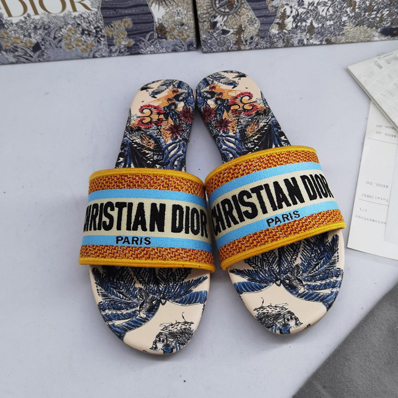 Christian Dior Dway Slides Women Toile De Jouy Motif Canvas Tropicalia Blue