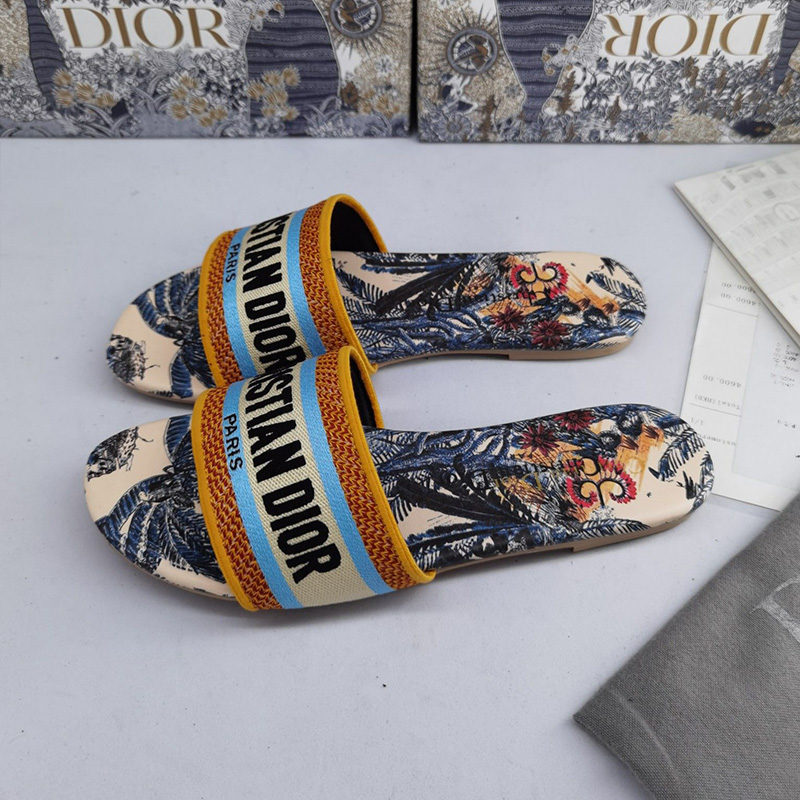 Christian Dior Dway Slides Women Toile De Jouy Motif Canvas Tropicalia Blue