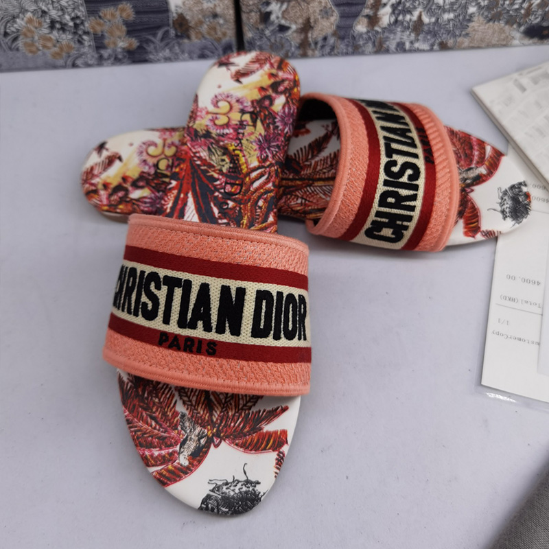 Christian Dior Dway Slides Women Toile De Jouy Motif Canvas Tropicalia Red