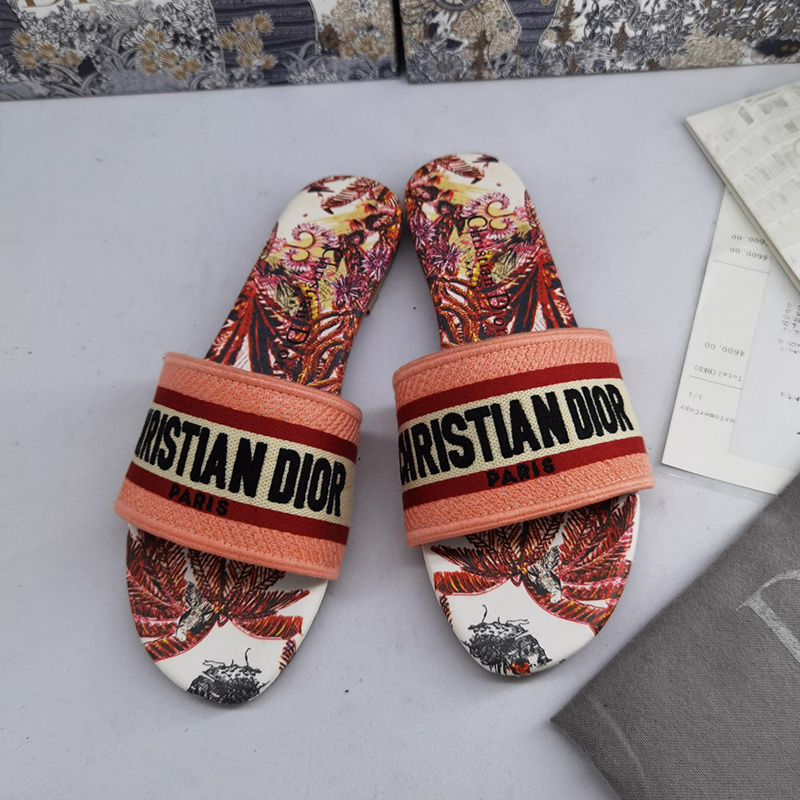 Christian Dior Dway Slides Women Toile De Jouy Motif Canvas Tropicalia Red