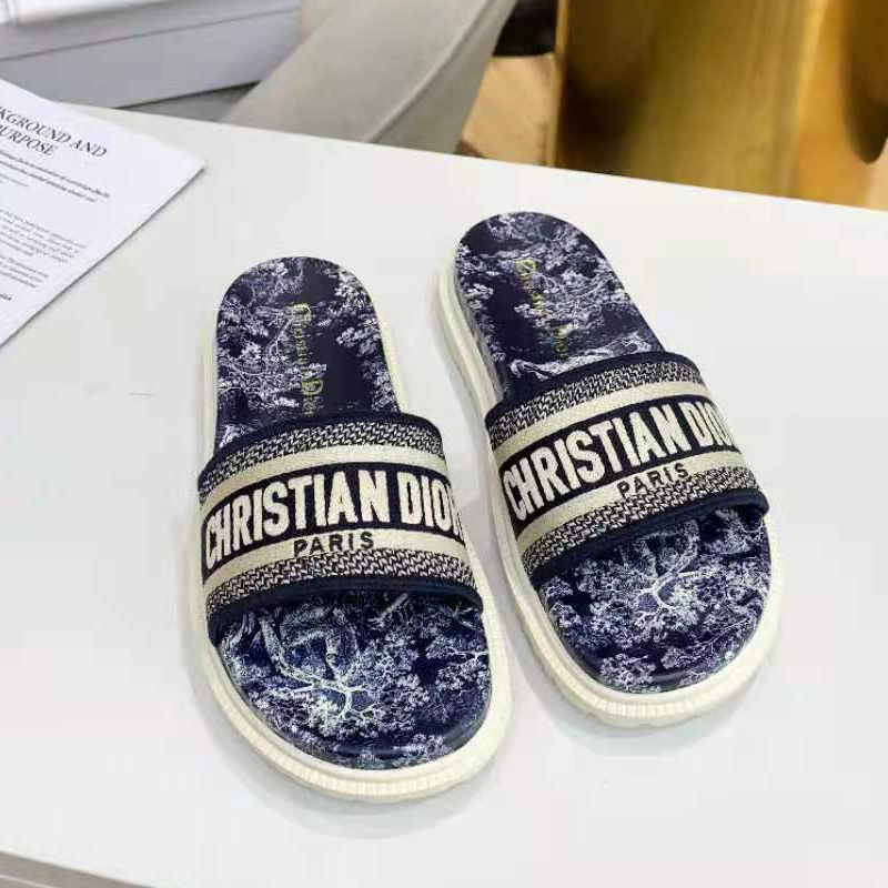 Christian Dior Dway Slides Women Toile De Jouy Motif Cotton Blue