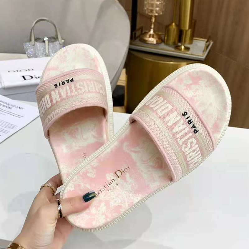 Christian Dior Dway Slides Women Toile De Jouy Motif Cotton Cherry