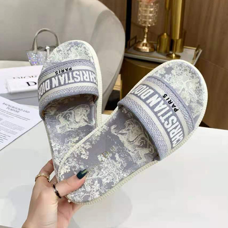 Christian Dior Dway Slides Women Toile De Jouy Motif Cotton Grey