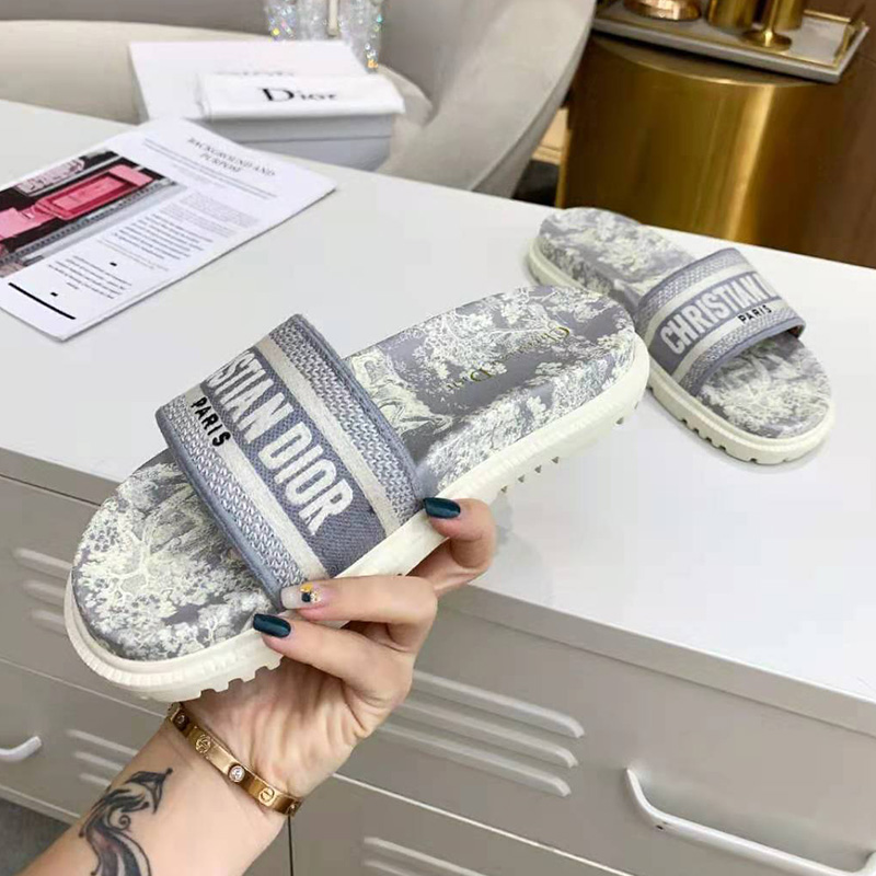 Christian Dior Dway Slides Women Toile De Jouy Motif Cotton Grey