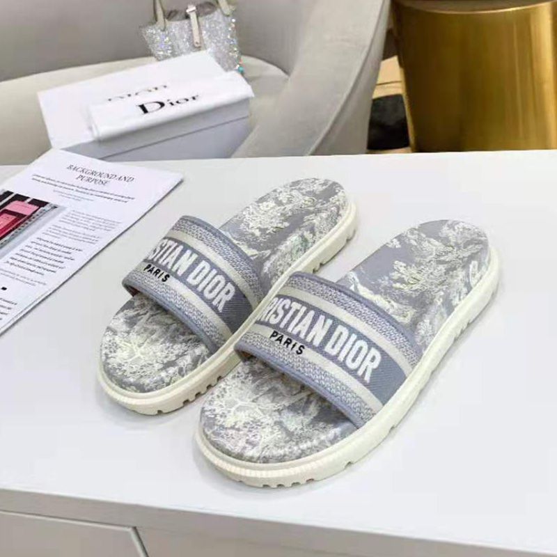 Christian Dior Dway Slides Women Toile De Jouy Motif Cotton Grey