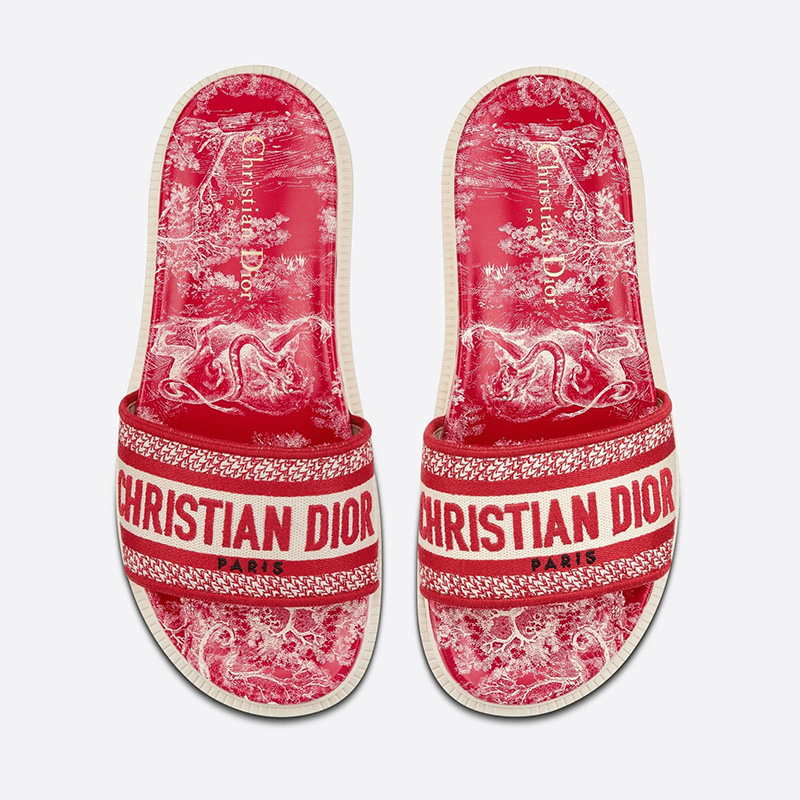 Christian Dior Dway Slides Women Toile De Jouy Motif Cotton Red