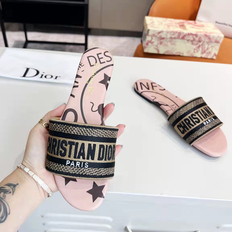 Christian Dior Dway Slides Women Jute Motif Canvas Pink