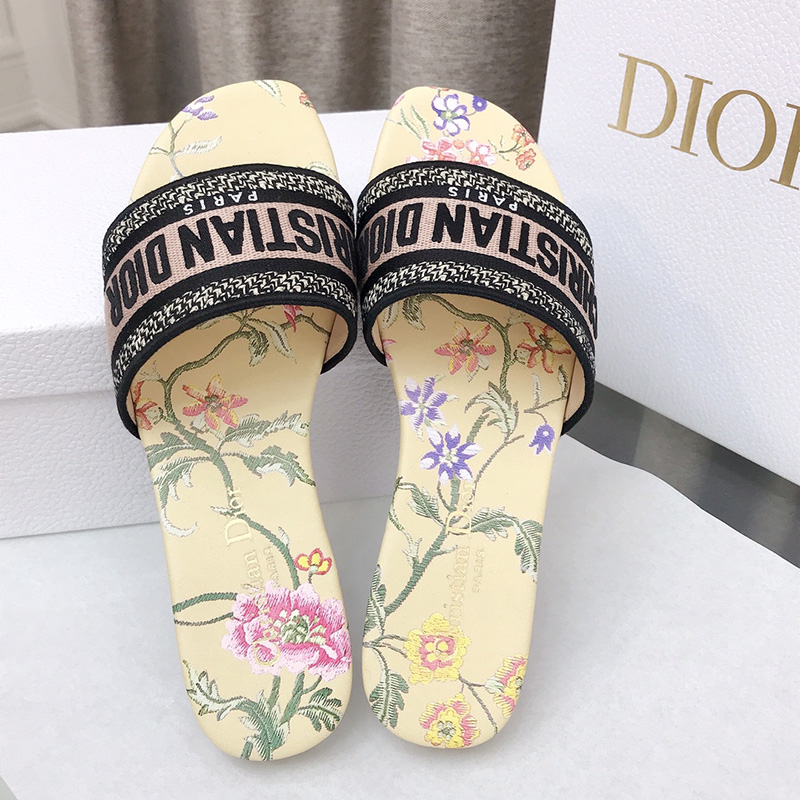 Christian Dior Dway Slides Women Petites Fleurs Motif Canvas Yellow