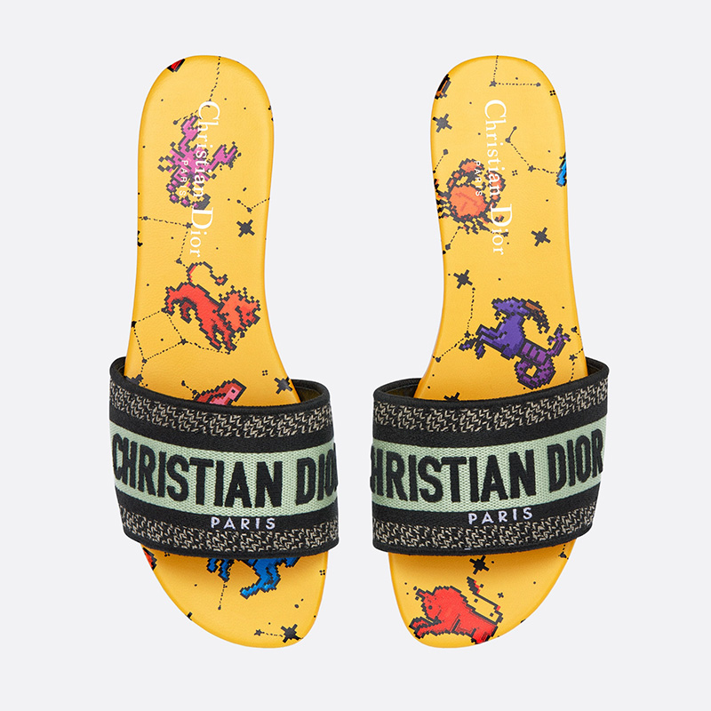 Christian Dior Dway Slides Women Pixel Zodiac Motif Canvas Yellow