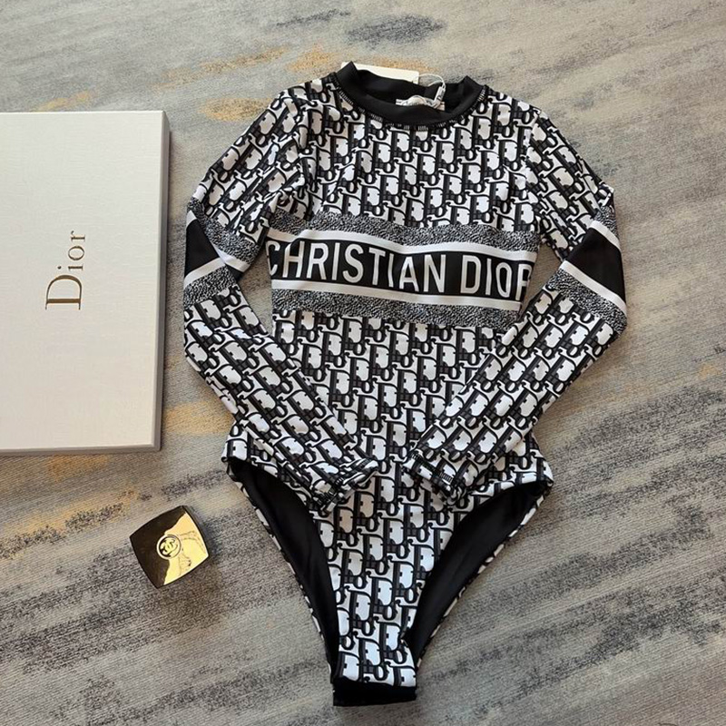 Christian Dior Long Sleeve Bodysuit Women Oblique Jacquard Lycra Black