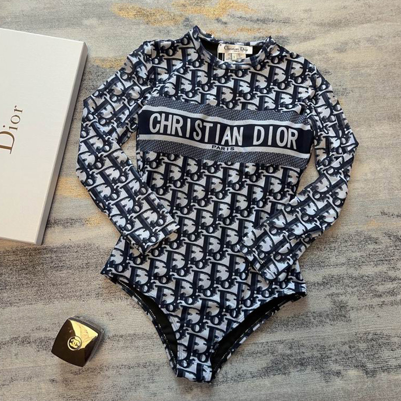 Christian Dior Long Sleeve Bodysuit Women Oblique Jacquard Lycra Blue