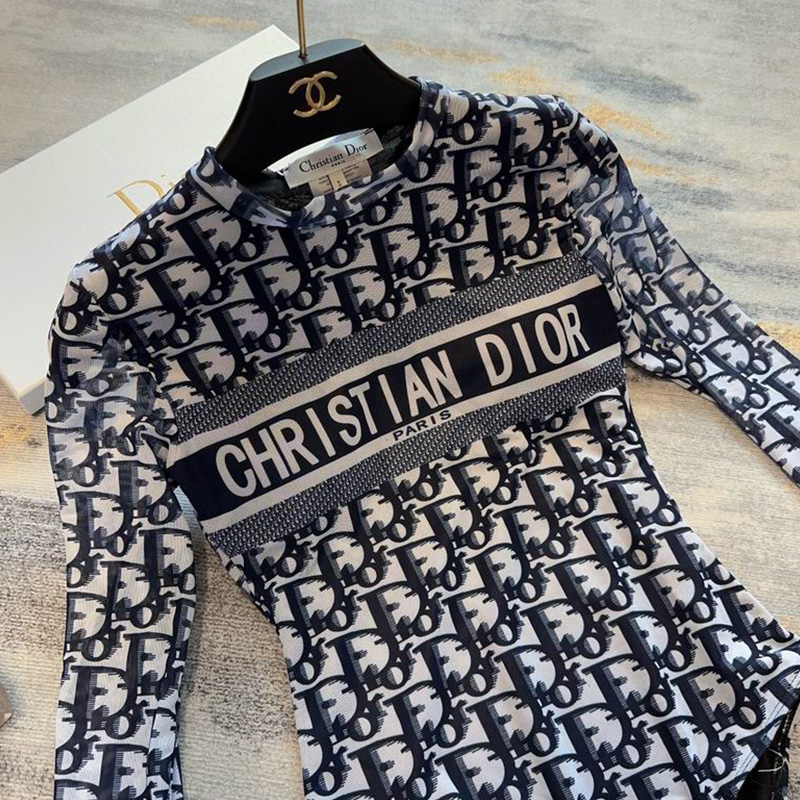 Christian Dior Long Sleeve Bodysuit Women Oblique Jacquard Lycra Blue