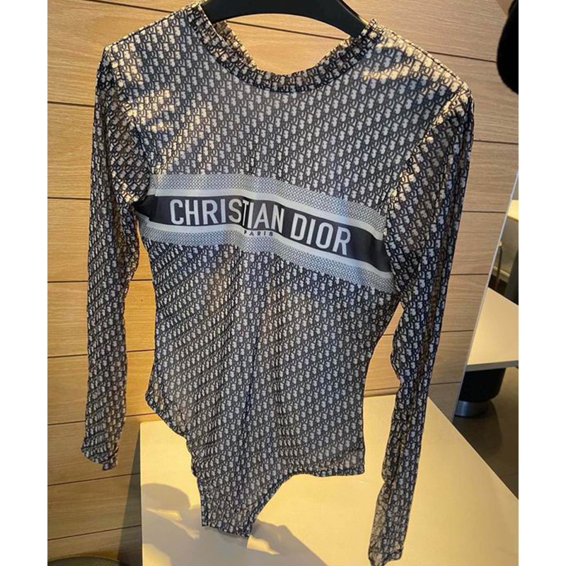 Christian Dior Long Sleeve Bodysuit Women Oblique Jacquard Lycra Grey