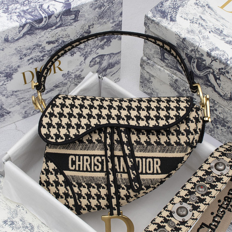 Christian Dior Saddle Bag Houndstooth Motif Canvas Black