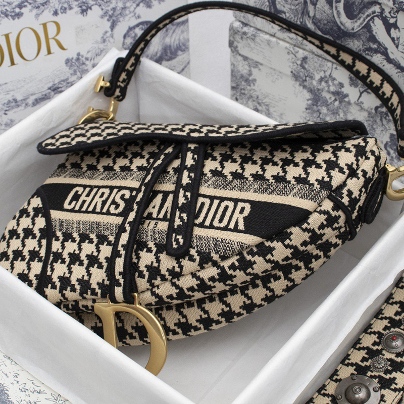 Christian Dior Saddle Bag Houndstooth Motif Canvas Black