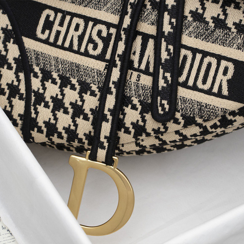 Christian Dior Saddle Bag Houndstooth Motif Canvas Black