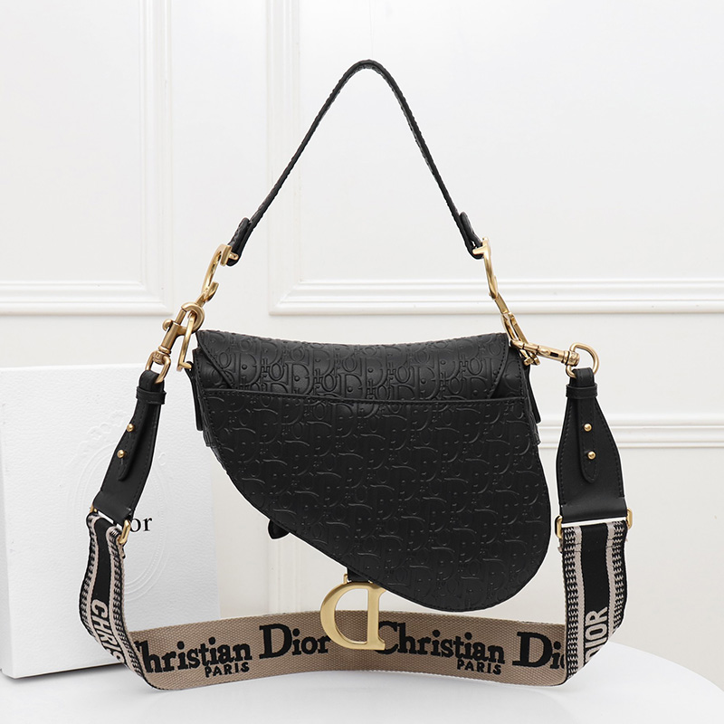 Christian Dior Saddle Bag Oblique Embossed Calfskin Black