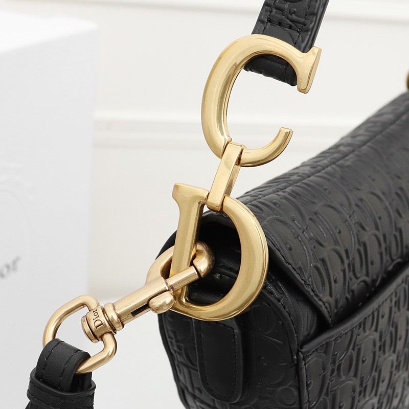 Christian Dior Saddle Bag Oblique Embossed Calfskin Black