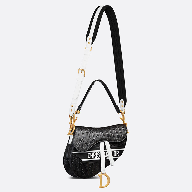 Christian Dior Saddle Bag Oblique Embossed Calfskin Black/White