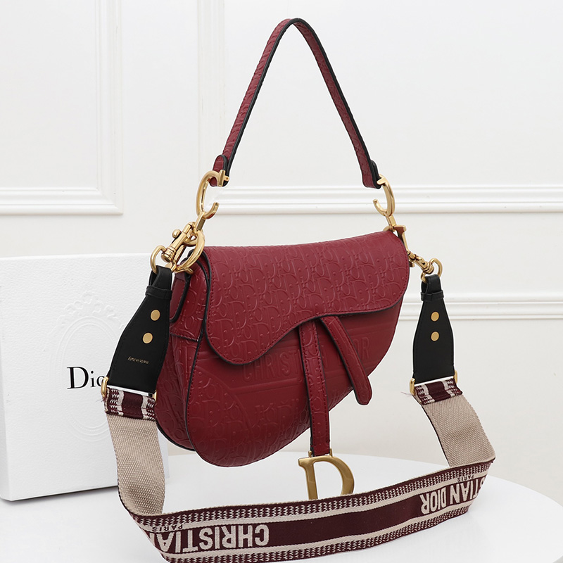 Christian Dior Saddle Bag Oblique Embossed Calfskin Red