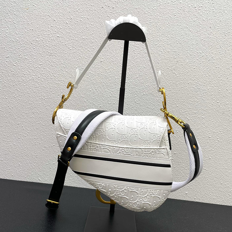 Christian Dior Saddle Bag Oblique Embossed Calfskin White/Black