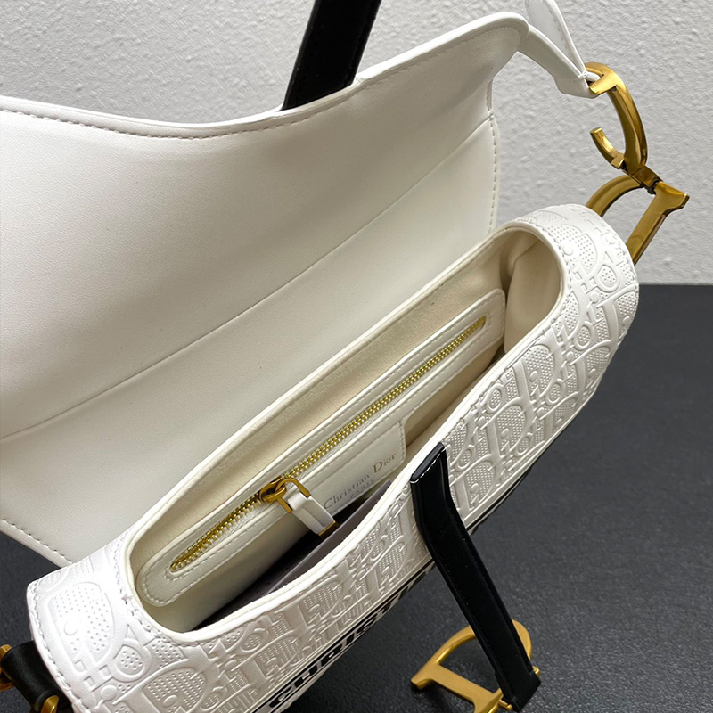 Christian Dior Saddle Bag Oblique Embossed Calfskin White/Black