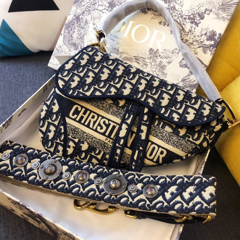 Christian Dior Saddle Bag Oblique Motif Canvas Blue
