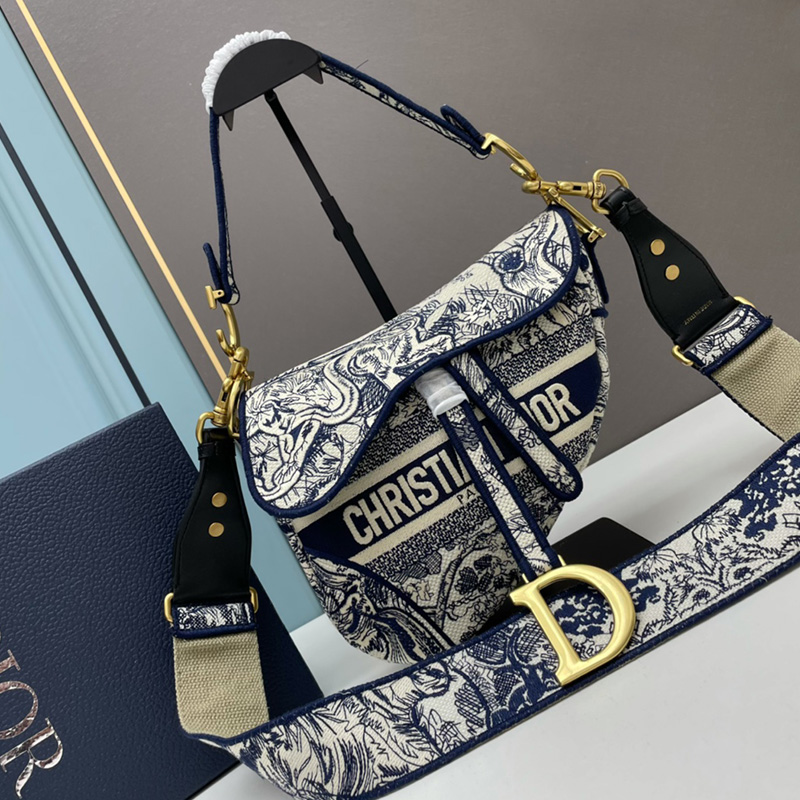 Christian Dior Saddle Bag Toile de Jouy Motif Canvas Blue