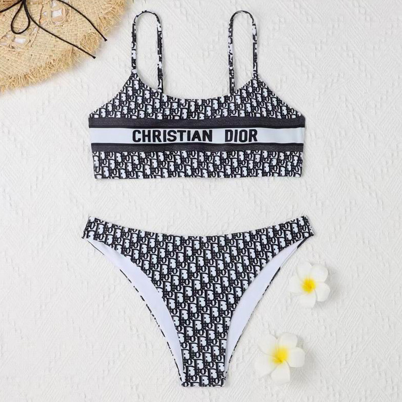 Christian Dior Two-Piece Spaghetti Straps Swimsuit Women Oblique Jacquard Lycra Black