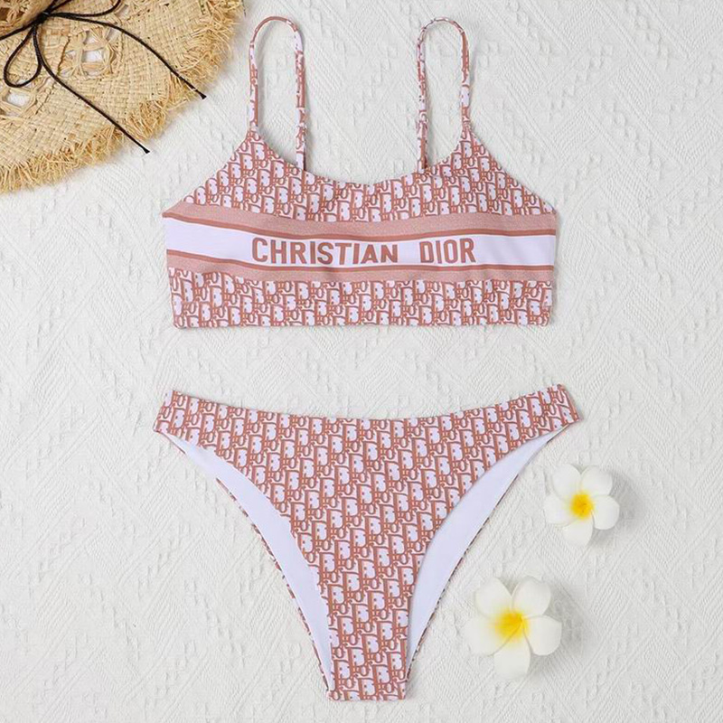 Christian Dior Two-Piece Spaghetti Straps Swimsuit Women Oblique Jacquard Lycra Pink