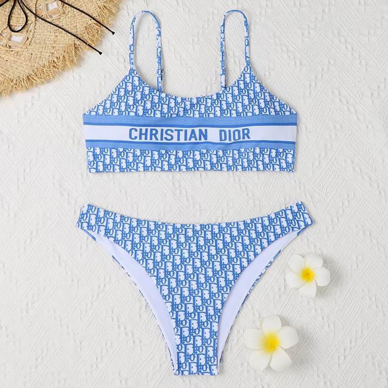 Christian Dior Two-Piece Spaghetti Straps Swimsuit Women Oblique Jacquard Lycra Sky Blue