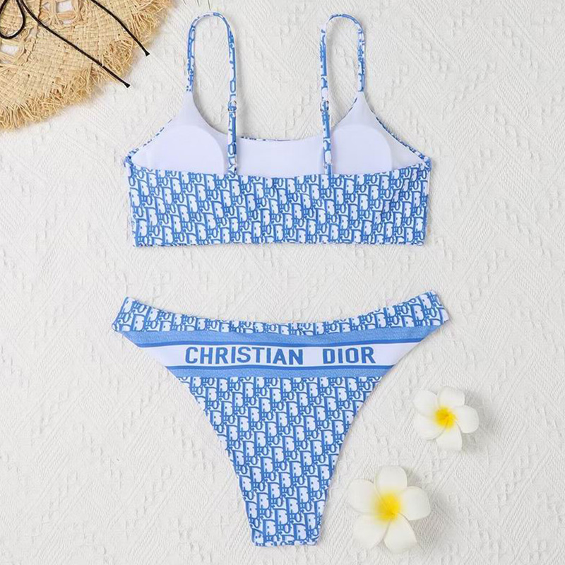 Christian Dior Two-Piece Spaghetti Straps Swimsuit Women Oblique Jacquard Lycra Sky Blue