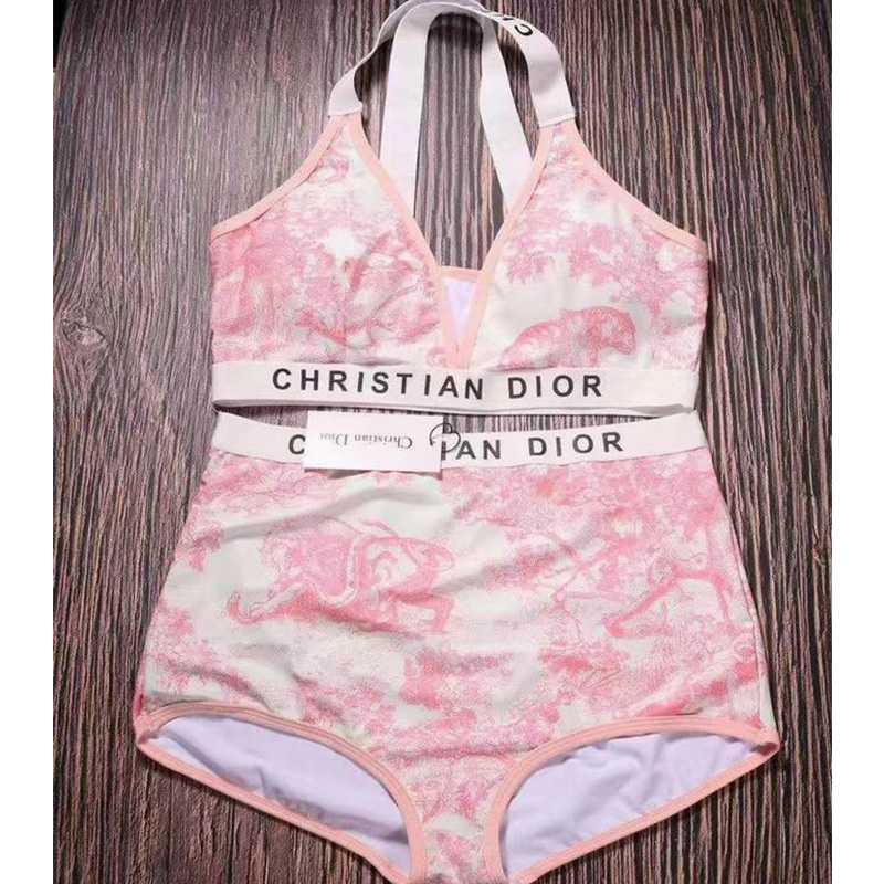 Christian Dior Two-Piece Crisscross Swimsuit Women Toile De Jouy Lycra Pink