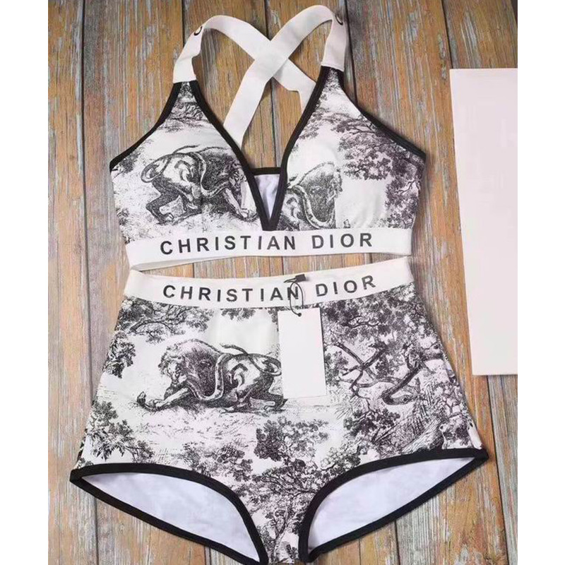 Christian Dior Two-Piece Crisscross Swimsuit Women Toile De Jouy Lycra White