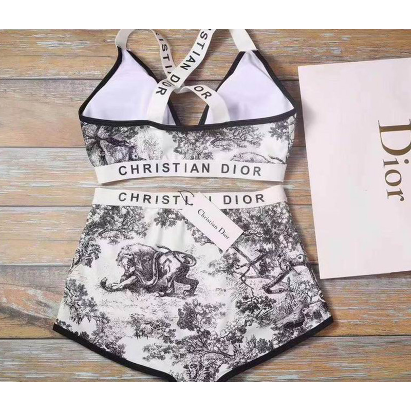 Christian Dior Two-Piece Crisscross Swimsuit Women Toile De Jouy Lycra White