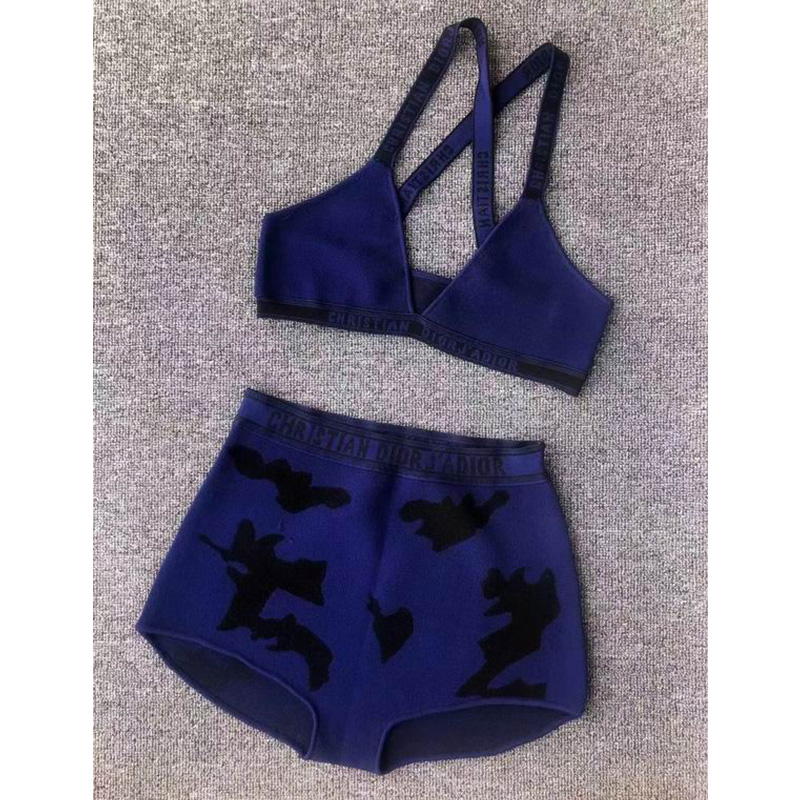 Christian Dior J'Adior Two-Piece Crisscross Swimsuit Women Bat Print Cotton Blue