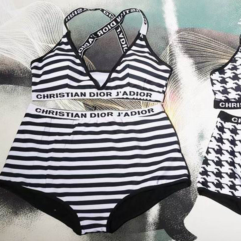 Christian Dior J'Adior Two-Piece Crisscross Swimsuit Women Striped Nylon Black