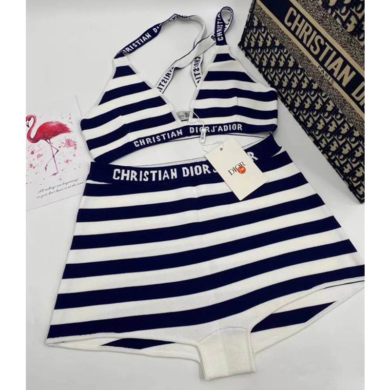 Christian Dior J'Adior Two-Piece Crisscross Swimsuit Women Striped Nylon Blue