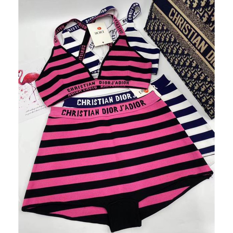 Christian Dior J'Adior Two-Piece Crisscross Swimsuit Women Striped Nylon Pink